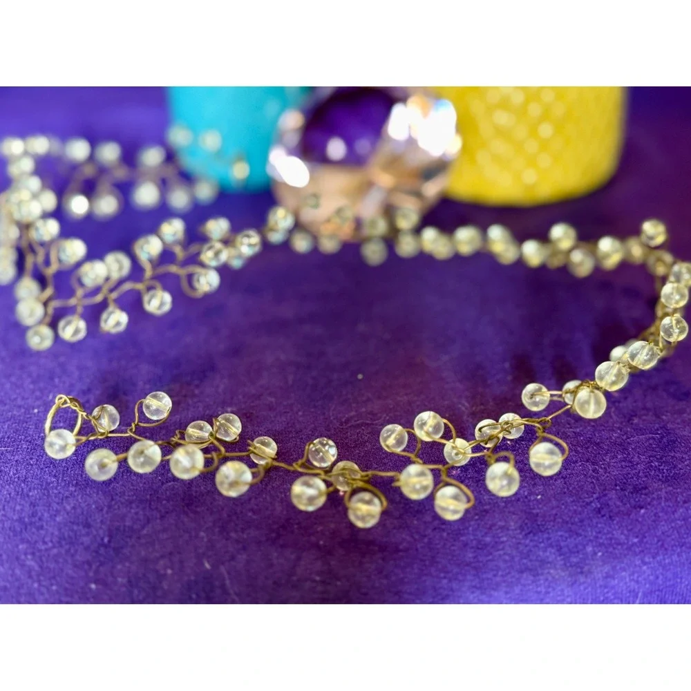 Vintage Clear Beaded Bridal Hair Vine Gold Tone Wire Wedding Headband 23 Inch